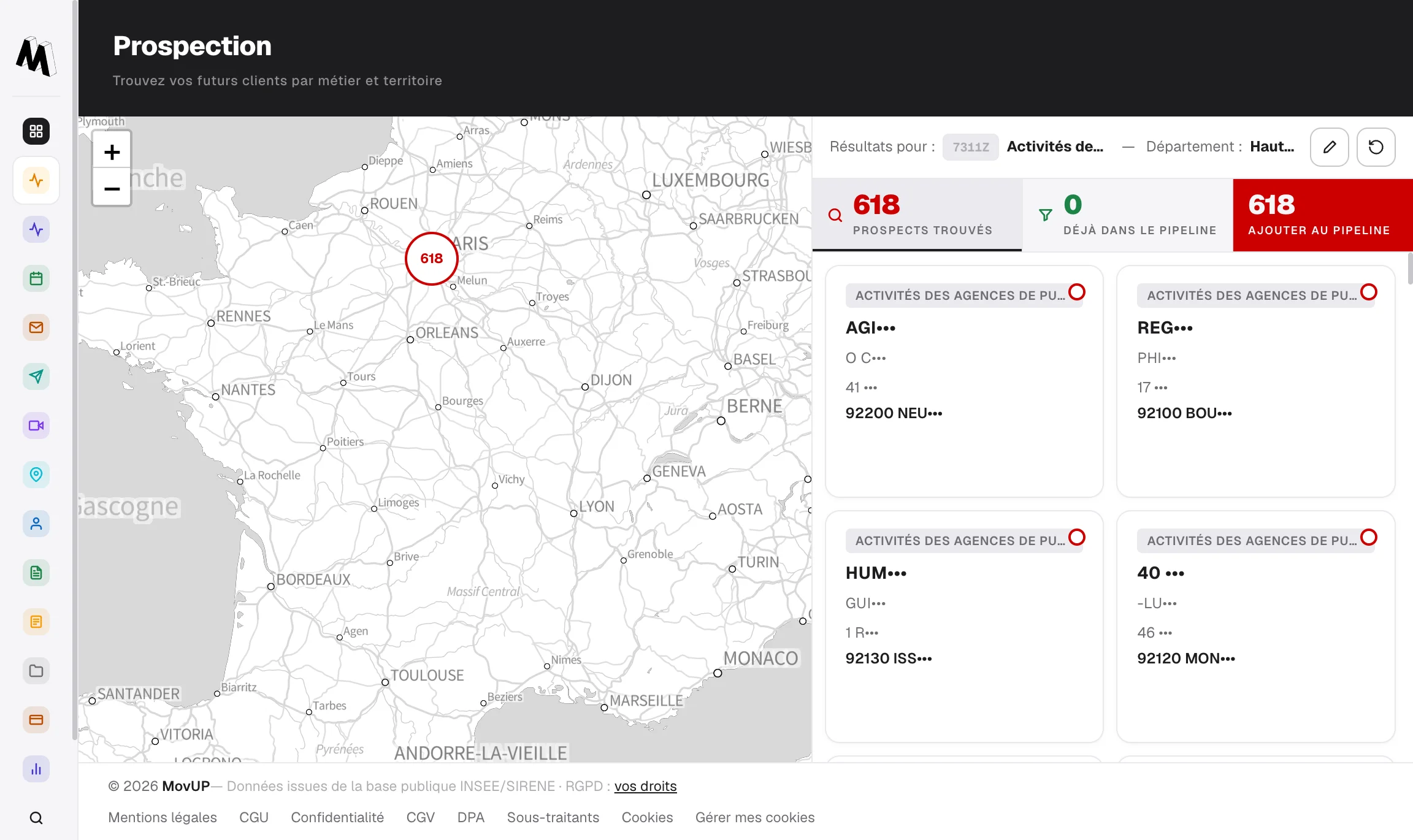 Capture de l’écran Prospection de MovUP